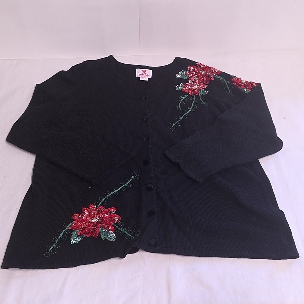 Quacker Factory Cardigan Women 1X Black Red Floral Sequin Embroidered Sweater
